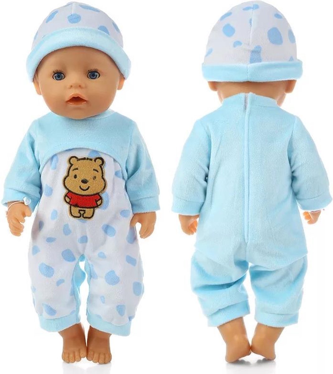 Poppenkleertjes - Geschikt voor Baby Born - Beer outfit - Pyjama - Blauw - Onesie & Muts